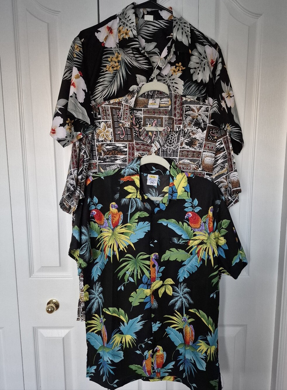 Bundle of Three Men's Black Tropical Aloha Shirts with Floral & Parrot Prints